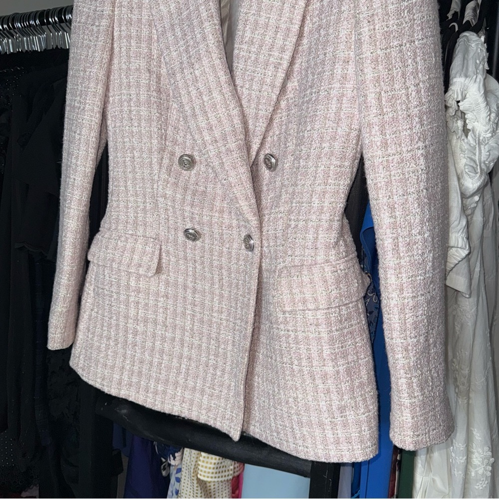 ZARA Pink Tweed Double-Breasted Blazer Jacket - Picture 6 of 17
